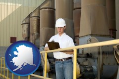 alaska map icon and a mechanical contractor inspecting an industrial ventilation system