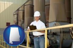 alabama map icon and a mechanical contractor inspecting an industrial ventilation system
