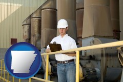arkansas map icon and a mechanical contractor inspecting an industrial ventilation system