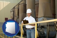 arizona map icon and a mechanical contractor inspecting an industrial ventilation system