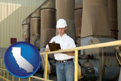 california map icon and a mechanical contractor inspecting an industrial ventilation system