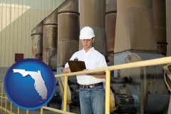 florida map icon and a mechanical contractor inspecting an industrial ventilation system