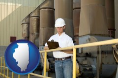 illinois map icon and a mechanical contractor inspecting an industrial ventilation system