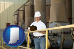 indiana map icon and a mechanical contractor inspecting an industrial ventilation system