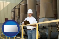 kansas map icon and a mechanical contractor inspecting an industrial ventilation system