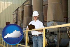 kentucky map icon and a mechanical contractor inspecting an industrial ventilation system
