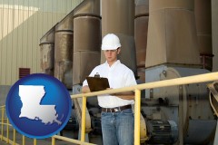 louisiana map icon and a mechanical contractor inspecting an industrial ventilation system