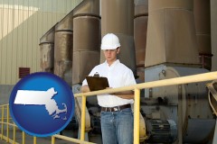 massachusetts map icon and a mechanical contractor inspecting an industrial ventilation system