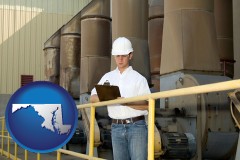 maryland map icon and a mechanical contractor inspecting an industrial ventilation system