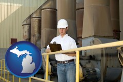 michigan map icon and a mechanical contractor inspecting an industrial ventilation system