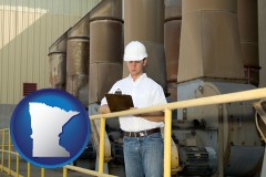 minnesota map icon and a mechanical contractor inspecting an industrial ventilation system