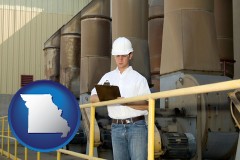 missouri map icon and a mechanical contractor inspecting an industrial ventilation system
