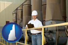 new-hampshire map icon and a mechanical contractor inspecting an industrial ventilation system