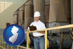 new-jersey map icon and a mechanical contractor inspecting an industrial ventilation system