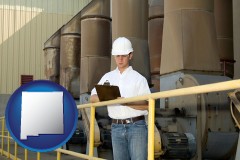 new-mexico map icon and a mechanical contractor inspecting an industrial ventilation system