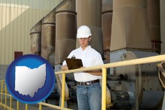 ohio map icon and a mechanical contractor inspecting an industrial ventilation system