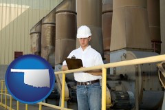 oklahoma map icon and a mechanical contractor inspecting an industrial ventilation system