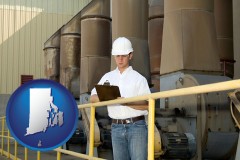 rhode-island map icon and a mechanical contractor inspecting an industrial ventilation system