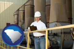 south-carolina map icon and a mechanical contractor inspecting an industrial ventilation system