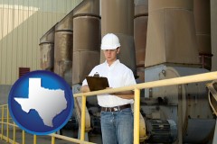 texas map icon and a mechanical contractor inspecting an industrial ventilation system