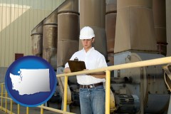 washington map icon and a mechanical contractor inspecting an industrial ventilation system