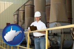 west-virginia map icon and a mechanical contractor inspecting an industrial ventilation system