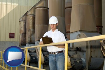 a mechanical contractor inspecting an industrial ventilation system - with Connecticut icon