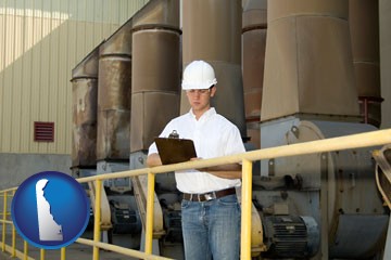 a mechanical contractor inspecting an industrial ventilation system - with Delaware icon