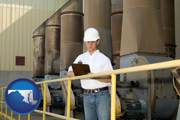 a mechanical contractor inspecting an industrial ventilation system - with Maryland icon